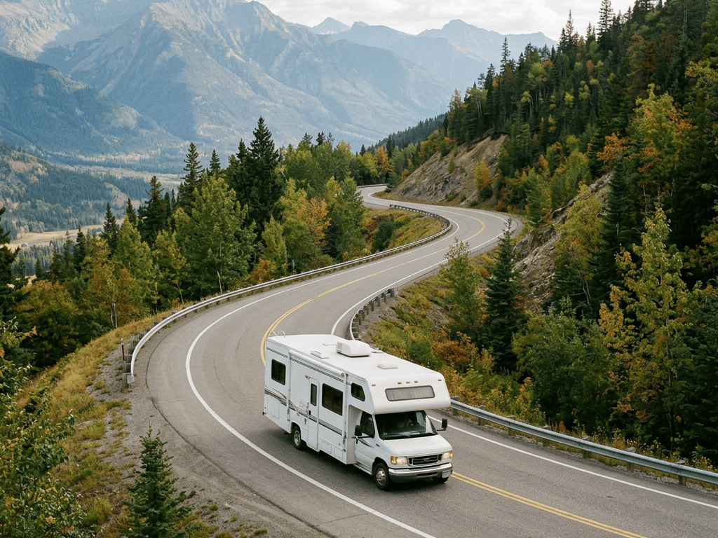 White RV traveling along a winding mountain road surrounded by autumn forest
